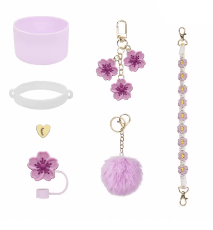 7PCS Stanley Cup Accessory Set Pink Flower Handle Strap Straw Cover and Decorative Charms