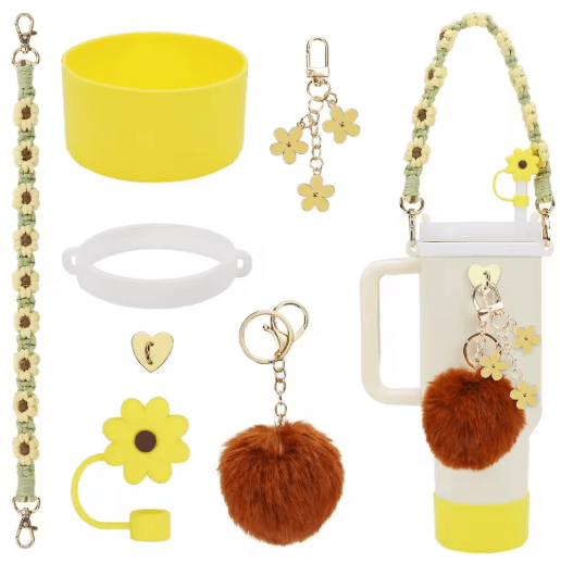 7PCS Stanley Cup Accessory Set Pink Flower Handle Strap Straw Cover and Decorative Charms