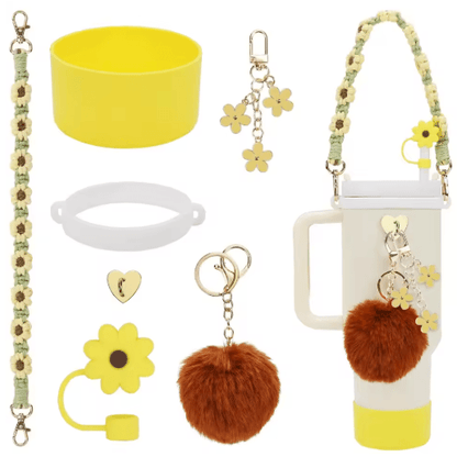 7PCS Stanley Cup Accessory Set Pink Flower Handle Strap Straw Cover and Decorative Charms