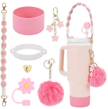 7PCS Stanley Cup Accessory Set Pink Flower Handle Strap Straw Cover and Decorative Charms