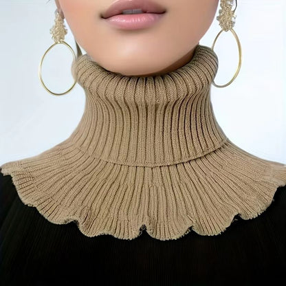 Black and White Knitted Neck Scarf for Women – Soft Thick Warm False Turtleneck with Elegant Ruffle Edge