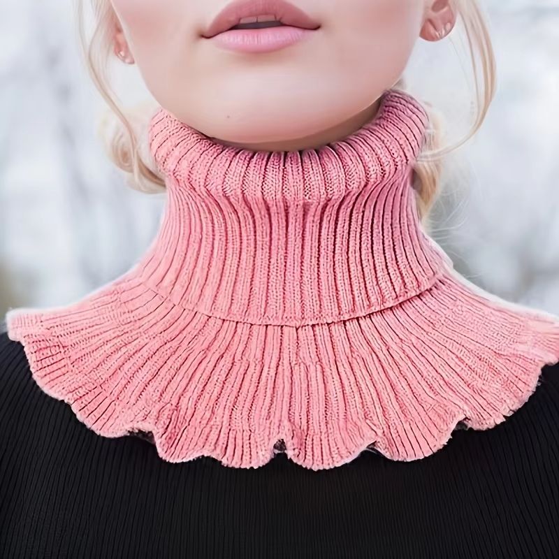 Black and White Knitted Neck Scarf for Women – Soft Thick Warm False Turtleneck with Elegant Ruffle Edge