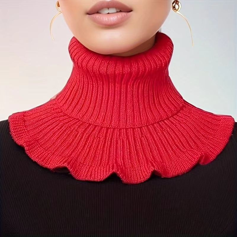 Black and White Knitted Neck Scarf for Women – Soft Thick Warm False Turtleneck with Elegant Ruffle Edge