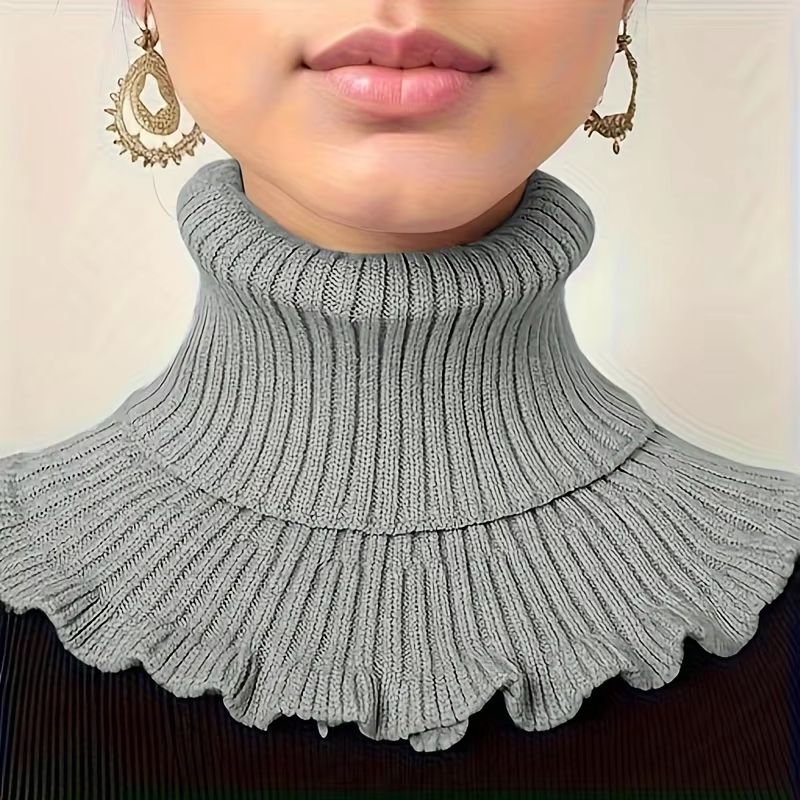 Black and White Knitted Neck Scarf for Women – Soft Thick Warm False Turtleneck with Elegant Ruffle Edge