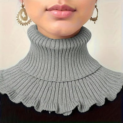 Black and White Knitted Neck Scarf for Women – Soft Thick Warm False Turtleneck with Elegant Ruffle Edge
