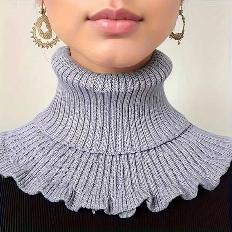 Black and White Knitted Neck Scarf for Women – Soft Thick Warm False Turtleneck with Elegant Ruffle Edge