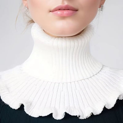 Black and White Knitted Neck Scarf for Women – Soft Thick Warm False Turtleneck with Elegant Ruffle Edge