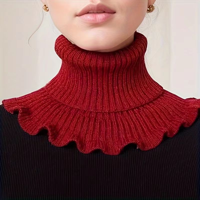 Black and White Knitted Neck Scarf for Women – Soft Thick Warm False Turtleneck with Elegant Ruffle Edge