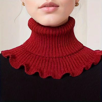 Black and White Knitted Neck Scarf for Women – Soft Thick Warm False Turtleneck with Elegant Ruffle Edge