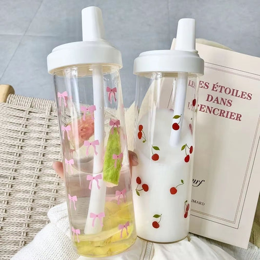 Cute Bowknot Straw water bottle cup with Lid, Large Capacity plastic tumbler for Juice, Milk, Bubble Tea, and Iced Coffe