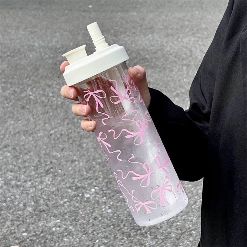 Cute Bowknot Straw water bottle cup with Lid, Large Capacity plastic tumbler for Juice, Milk, Bubble Tea, and Iced Coffe