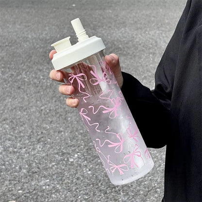 Cute Bowknot Straw water bottle cup with Lid, Large Capacity plastic tumbler for Juice, Milk, Bubble Tea, and Iced Coffe
