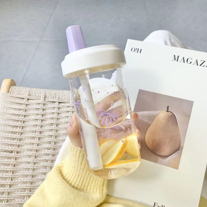 Cute Bowknot Straw water bottle cup with Lid, Large Capacity plastic tumbler for Juice, Milk, Bubble Tea, and Iced Coffe
