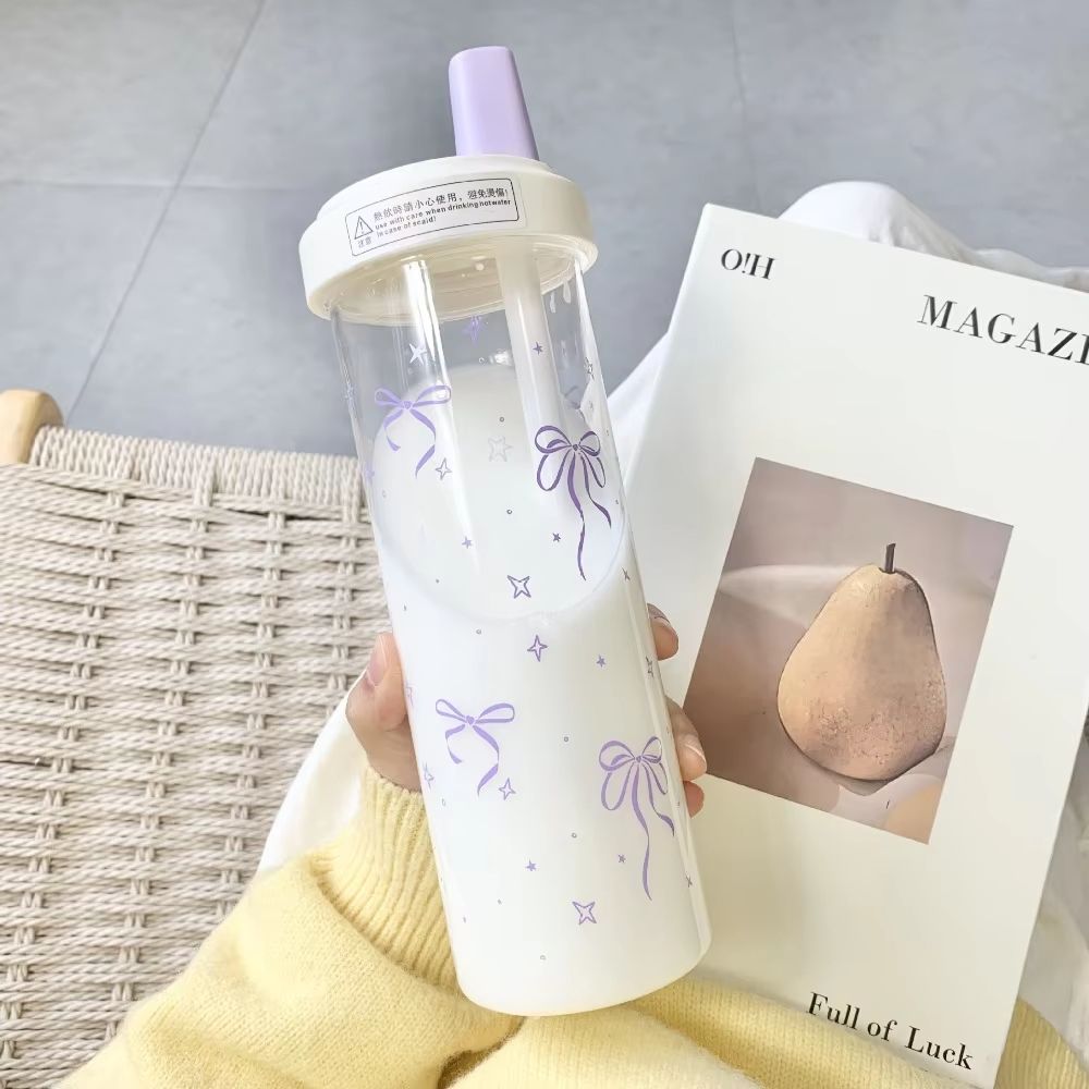 Cute Bowknot Straw water bottle cup with Lid, Large Capacity plastic tumbler for Juice, Milk, Bubble Tea, and Iced Coffe