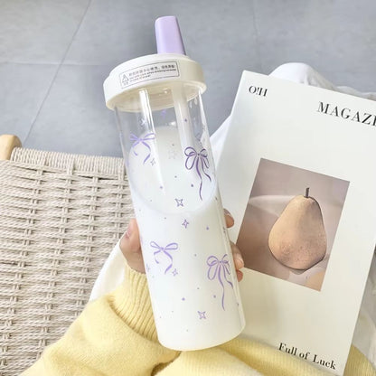 Cute Bowknot Straw water bottle cup with Lid, Large Capacity plastic tumbler for Juice, Milk, Bubble Tea, and Iced Coffe