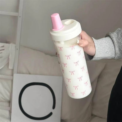 Cute Bowknot Straw water bottle cup with Lid, Large Capacity plastic tumbler for Juice, Milk, Bubble Tea, and Iced Coffe