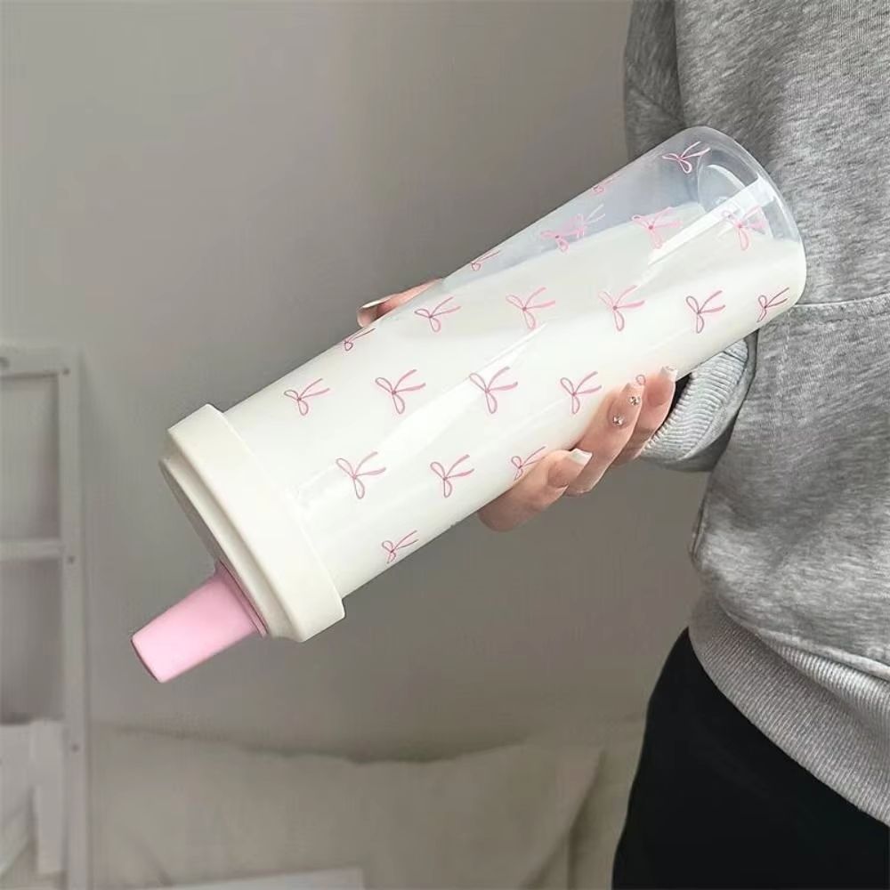 Cute Bowknot Straw water bottle cup with Lid, Large Capacity plastic tumbler for Juice, Milk, Bubble Tea, and Iced Coffe
