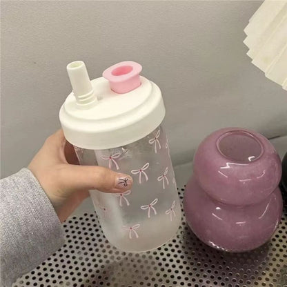 Cute Bowknot Straw water bottle cup with Lid, Large Capacity plastic tumbler for Juice, Milk, Bubble Tea, and Iced Coffe