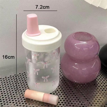 Cute Bowknot Straw water bottle cup with Lid, Large Capacity plastic tumbler for Juice, Milk, Bubble Tea, and Iced Coffe