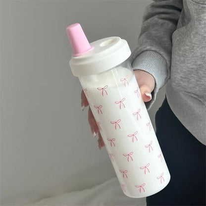 Cute Bowknot Straw water bottle cup with Lid, Large Capacity plastic tumbler for Juice, Milk, Bubble Tea, and Iced Coffe
