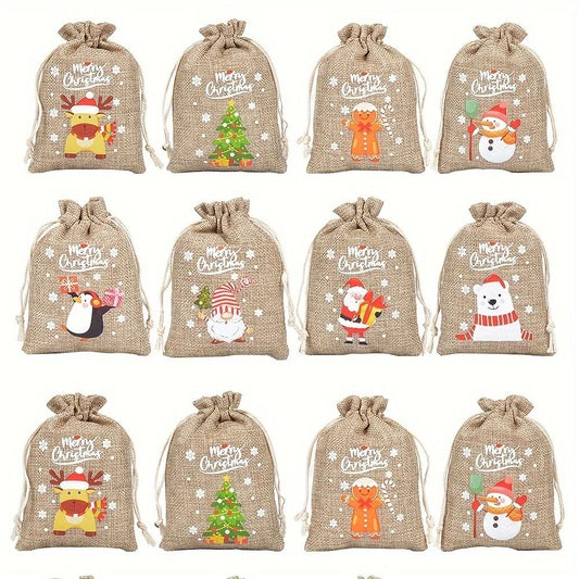 Christmas Burlap Gift Bags Set of 12 Santa Claus Drawstring Candy Pouches