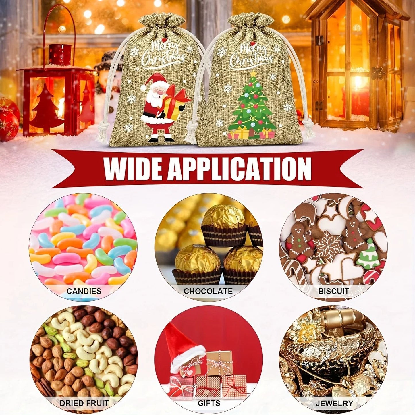 Christmas Burlap Gift Bags Set of 12 Santa Claus Drawstring Candy Pouches
