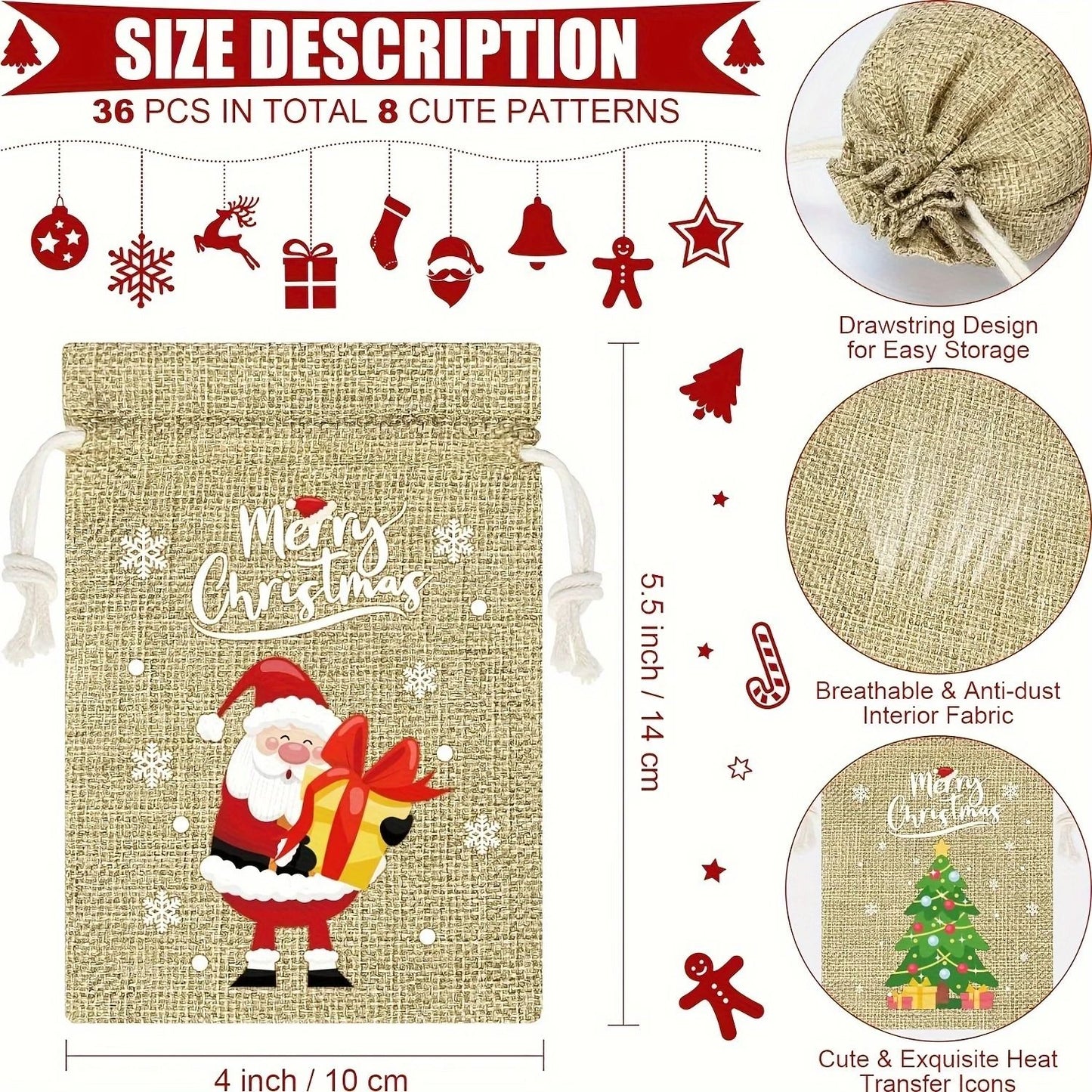 Christmas Burlap Gift Bags Set of 12 Santa Claus Drawstring Candy Pouches
