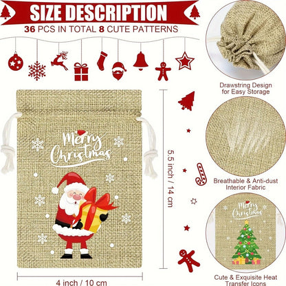 Christmas Burlap Gift Bags Set of 12 Santa Claus Drawstring Candy Pouches