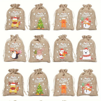 Christmas Burlap Gift Bags Set of 12 Santa Claus Drawstring Candy Pouches