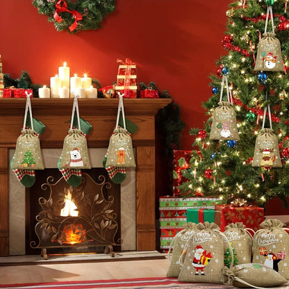Christmas Burlap Gift Bags Set of 12 Santa Claus Drawstring Candy Pouches