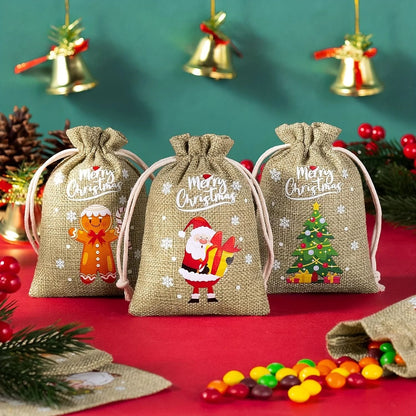 Christmas Burlap Gift Bags Set of 12 Santa Claus Drawstring Candy Pouches