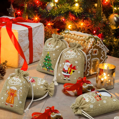 Christmas Burlap Gift Bags Set of 12 Santa Claus Drawstring Candy Pouches