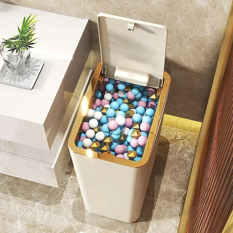Plastic Wastebasket with Pop-up Lid Bathroom Trash Can Small Garbage Can for Toilet Bedroom Living Room Press Top Lid
