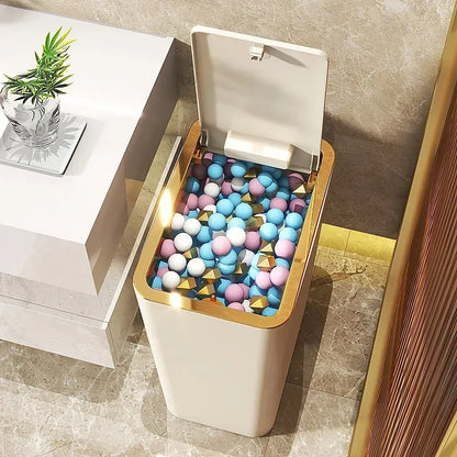 Plastic Wastebasket with Pop-up Lid Bathroom Trash Can Small Garbage Can for Toilet Bedroom Living Room Press Top Lid