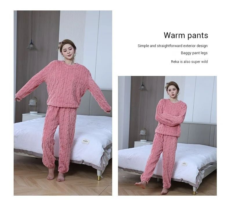 Soft Coral Velvet Pajamas Set for Women, Warm Jacquard Lounge wear, Cozy Winter Outerwear, Christmas wear