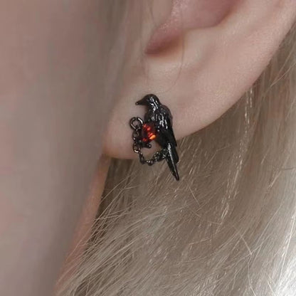 Red and Black Crow Earrings Vintage Dark Style Pair