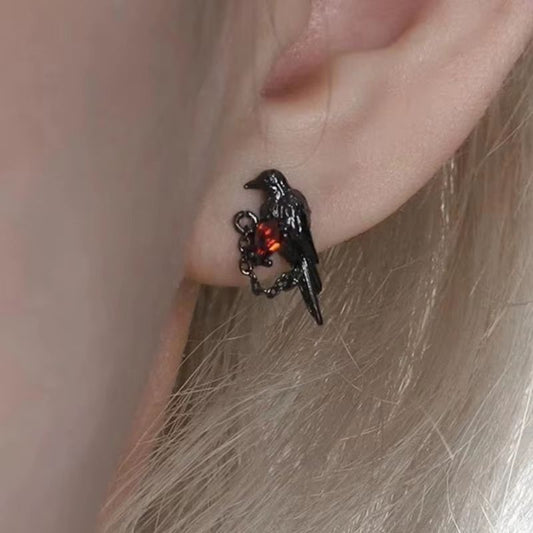 Red and Black Crow Earrings Vintage Dark Style Pair
