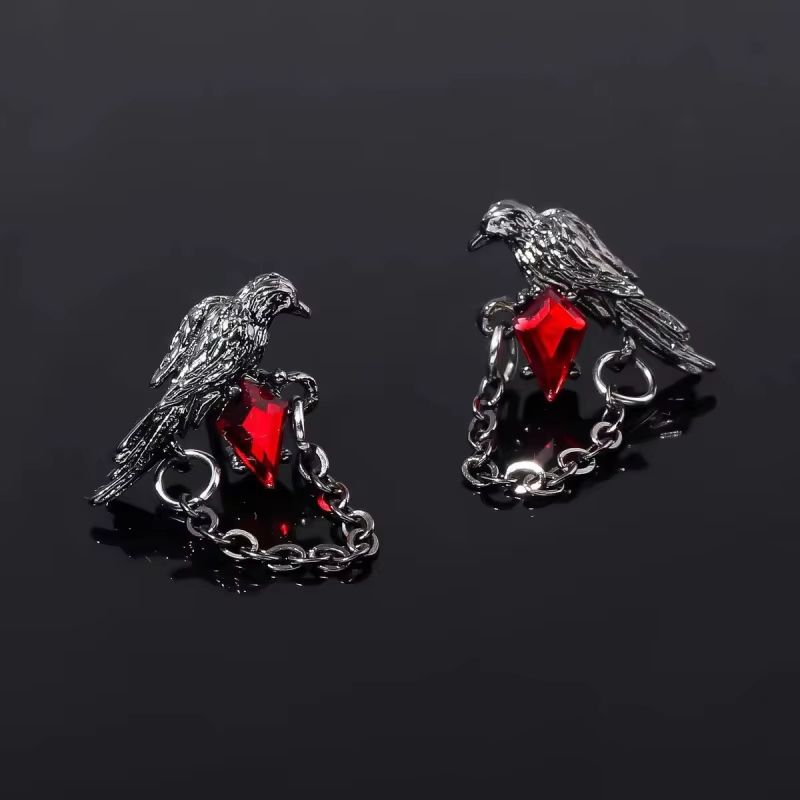 Red and Black Crow Earrings Vintage Dark Style Pair