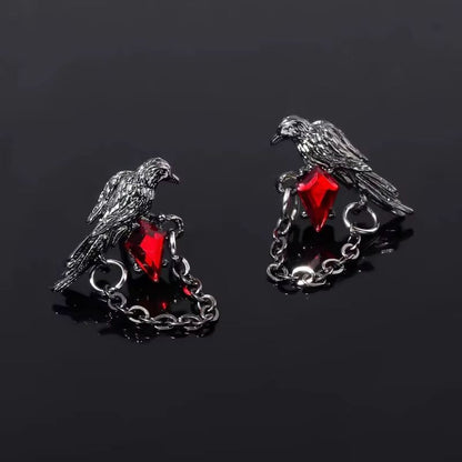 Red and Black Crow Earrings Vintage Dark Style Pair