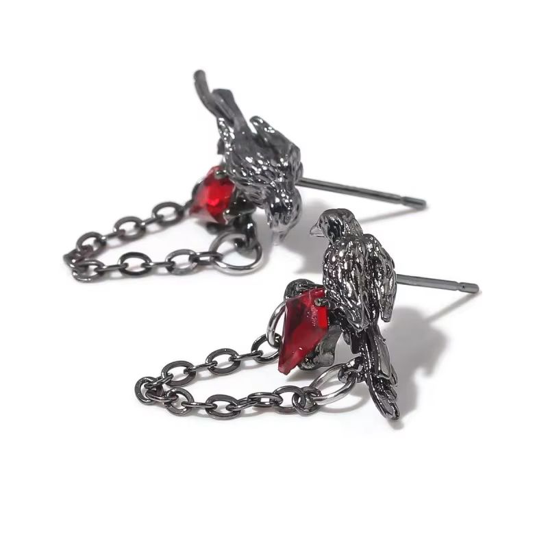 Red and Black Crow Earrings Vintage Dark Style Pair