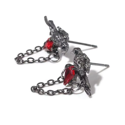 Red and Black Crow Earrings Vintage Dark Style Pair