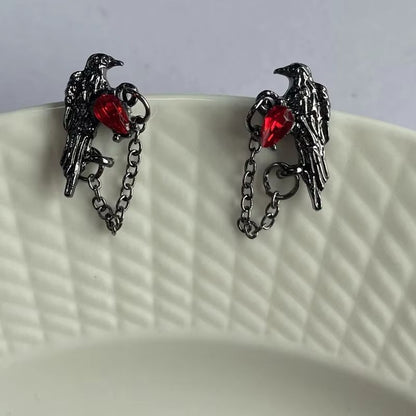 Red and Black Crow Earrings Vintage Dark Style Pair