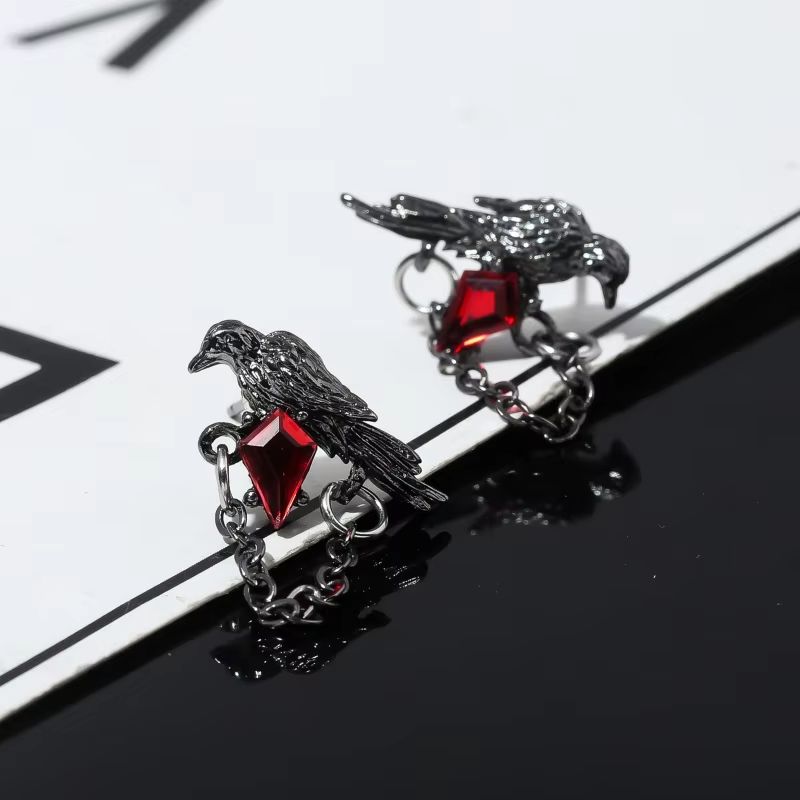 Red and Black Crow Earrings Vintage Dark Style Pair