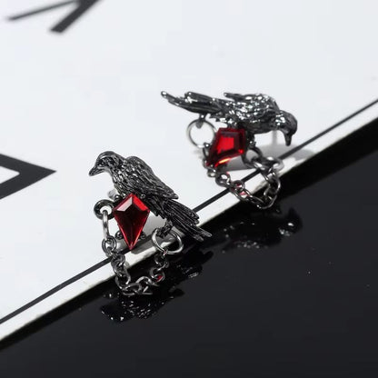 Red and Black Crow Earrings Vintage Dark Style Pair