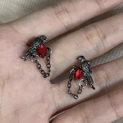 Red and Black Crow Earrings Vintage Dark Style Pair