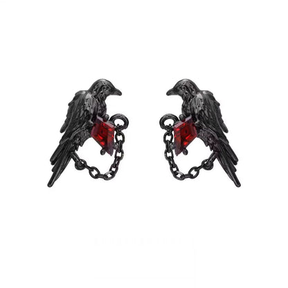 Red and Black Crow Earrings Vintage Dark Style Pair
