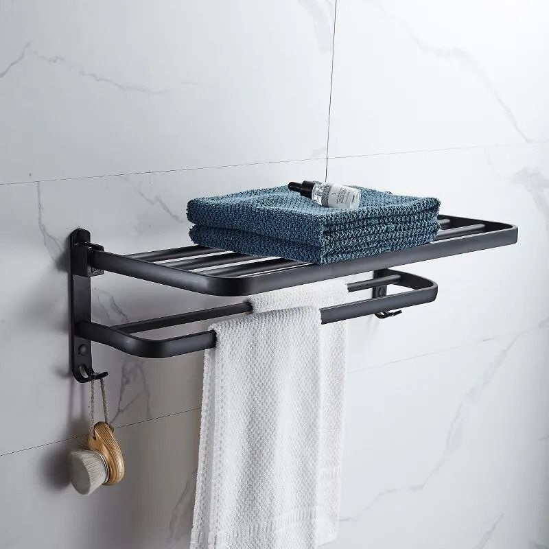Matte Black Folding Towel Holder Wall Mount Aluminum Rack 50cm