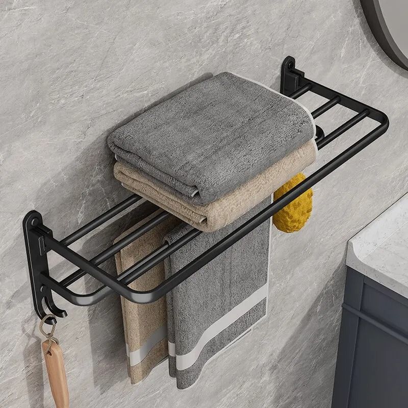 Matte Black Folding Towel Holder Wall Mount Aluminum Rack 50cm