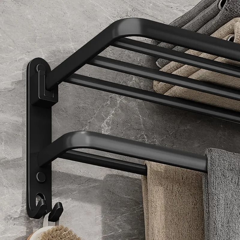 Matte Black Folding Towel Holder Wall Mount Aluminum Rack 50cm