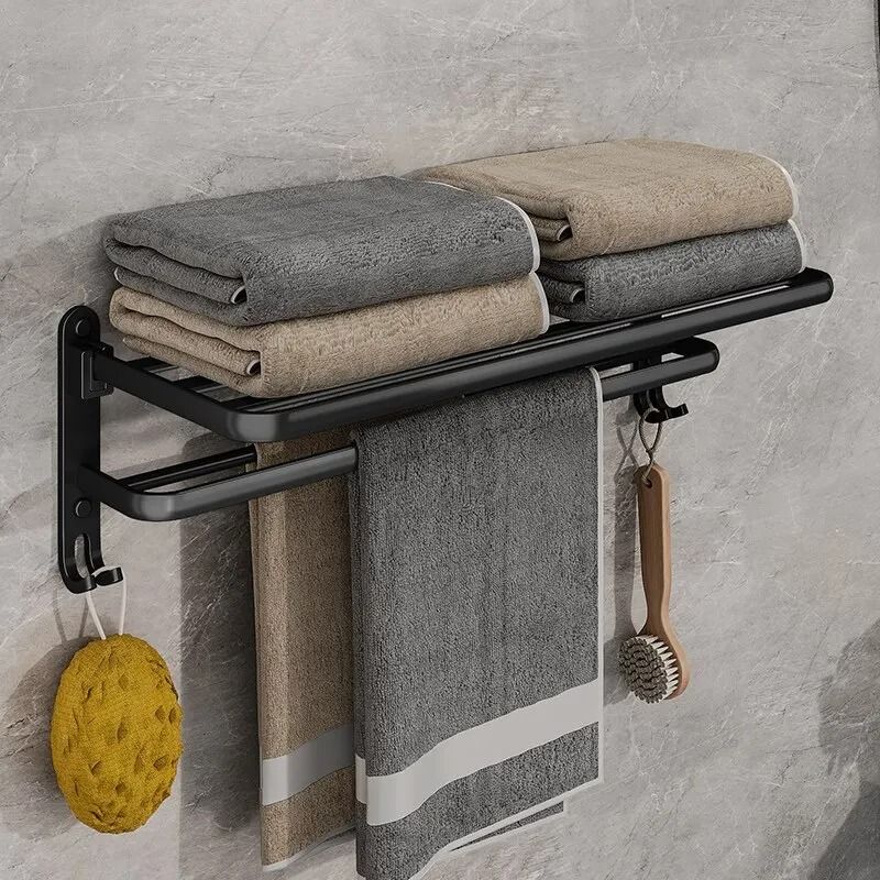 Matte Black Folding Towel Holder Wall Mount Aluminum Rack 50cm